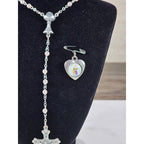 Vintage Rosary Necklace & Heart Pin Set with Case Religious