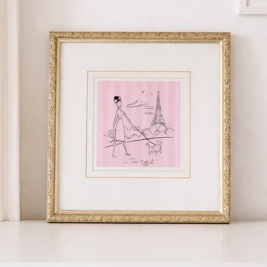 Vintage Paris Eiffel Tower Art Print Framed 13x13 French Poodle Illustration