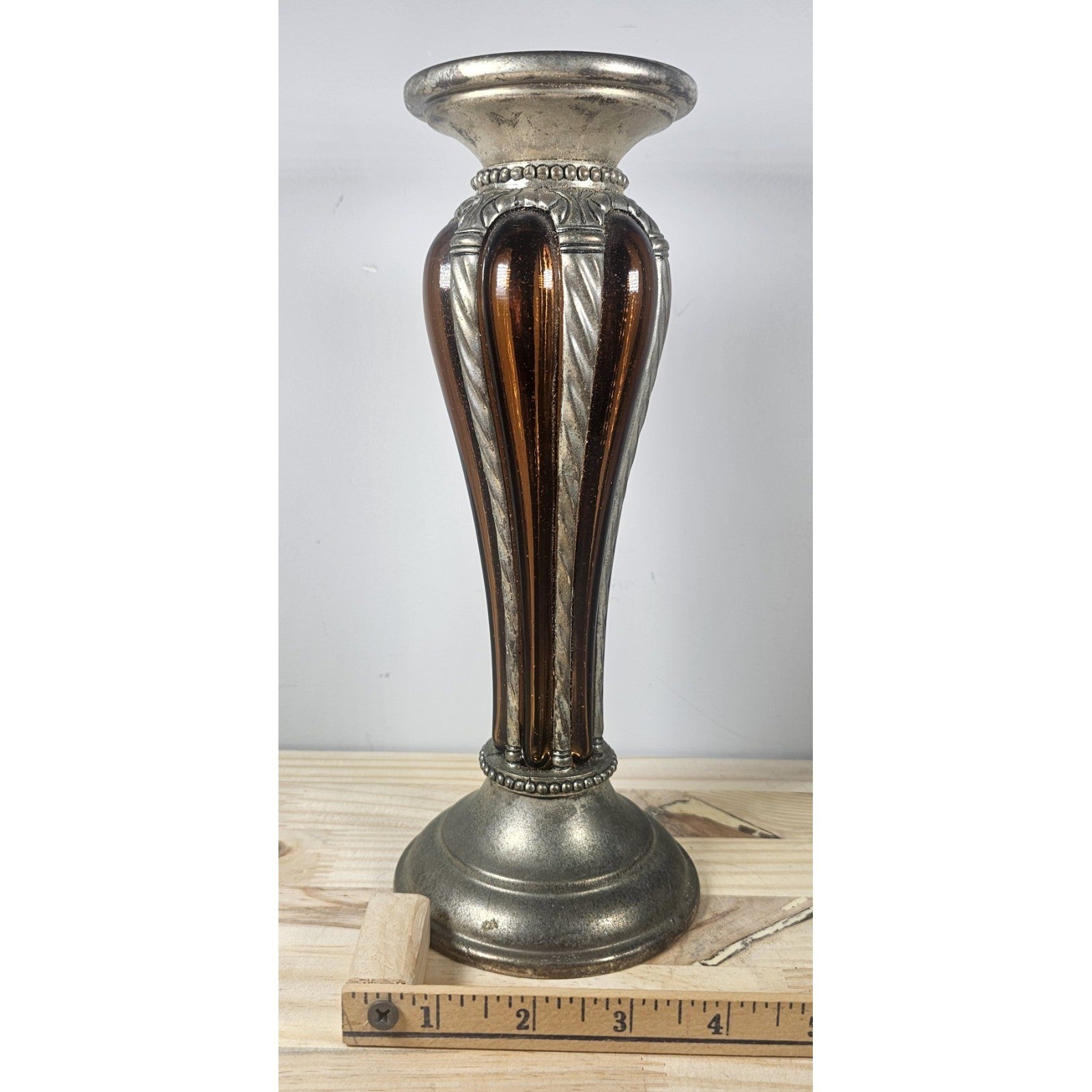 Vintage Silver Plate & Amber Glass Pillar Candle Holder Pair Pedestal