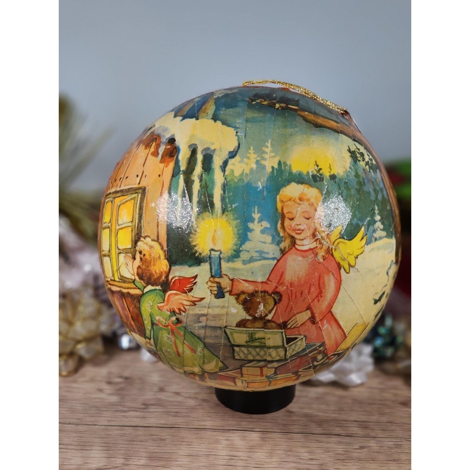 Vintage German Paper Mache Christmas Ball Ornament Candy Container