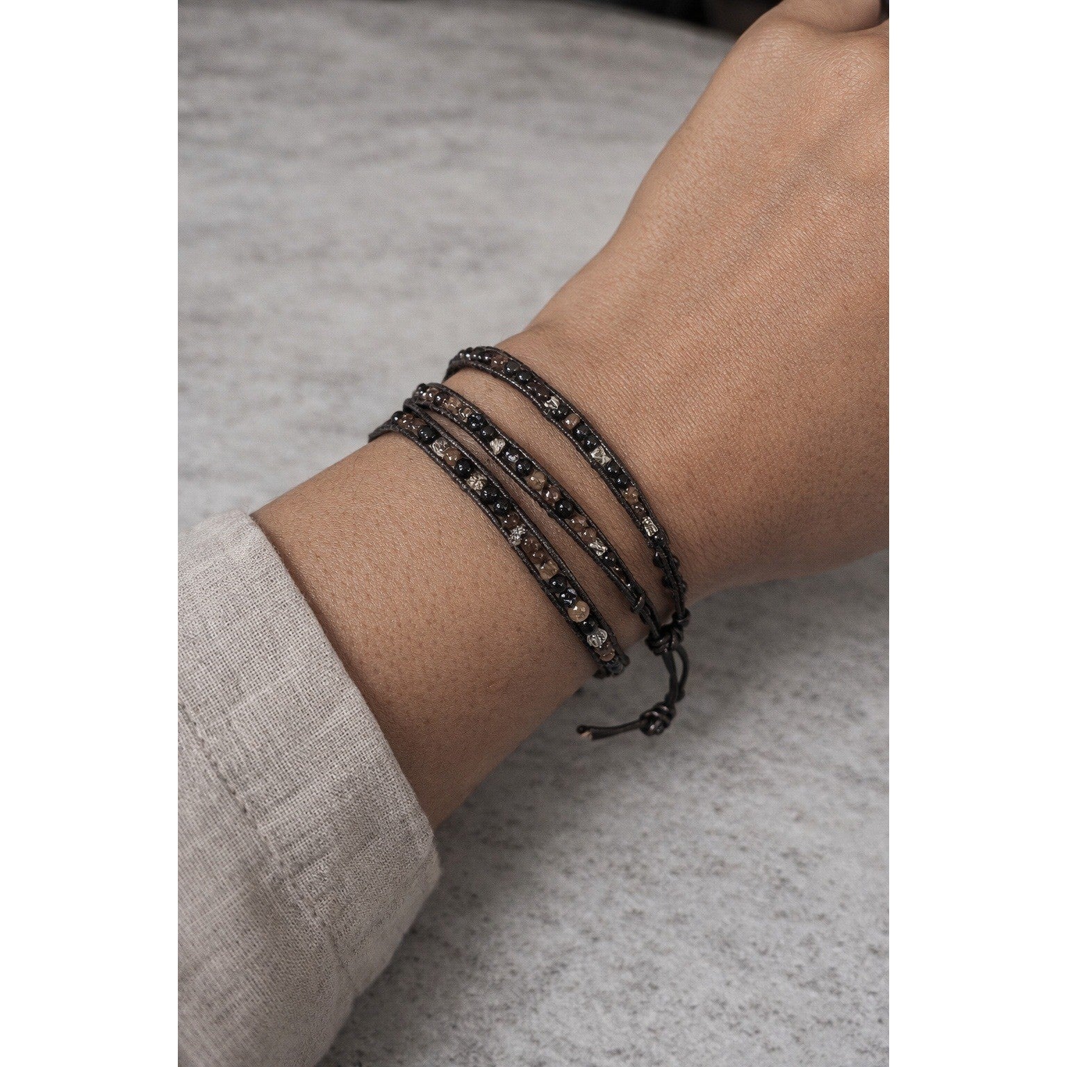 Brown Beaded Wrap Bracelet Leather Cord Multi Tone Stone Boho