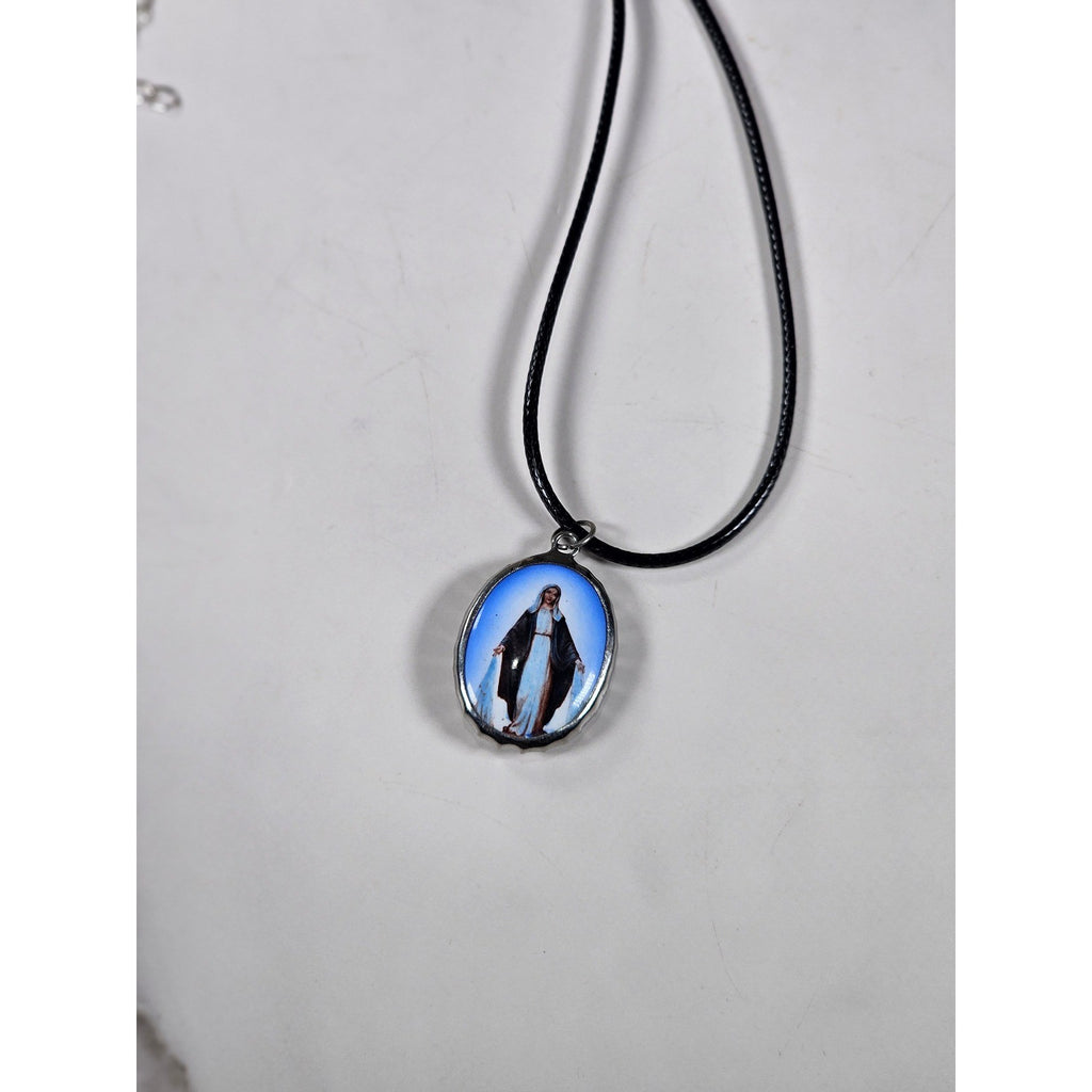 Vintage Blue Madonna Pendant Necklace with Cross Back