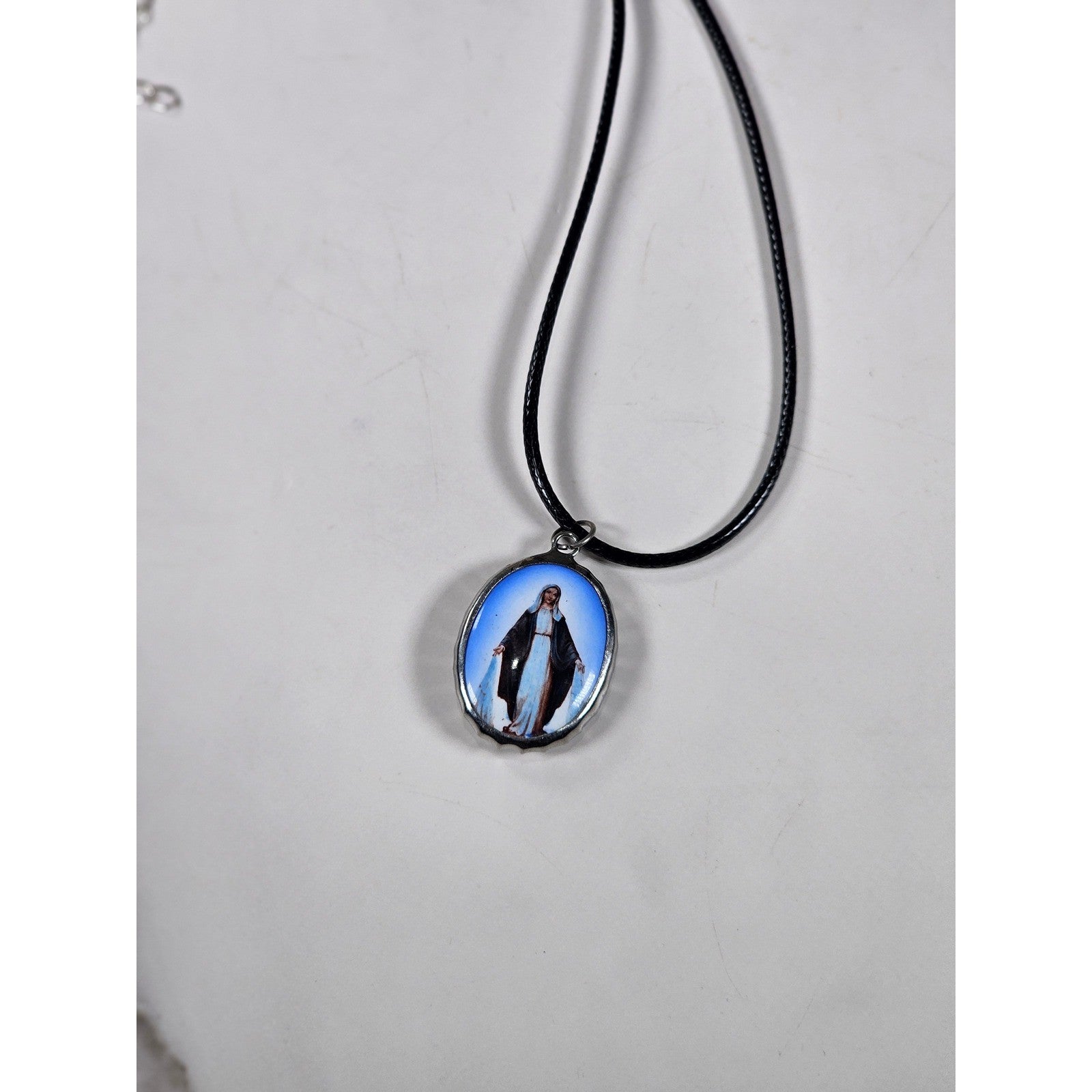 Vintage Blue Madonna Pendant Necklace with Cross Back