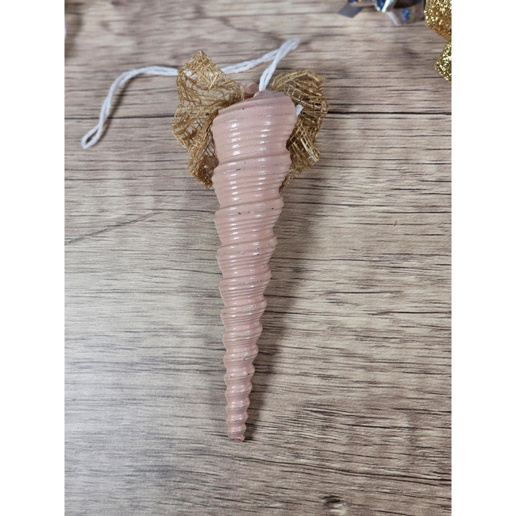 Vintage Pink Shell Christmas Ornament Gold Bow Rose 4 Inch
