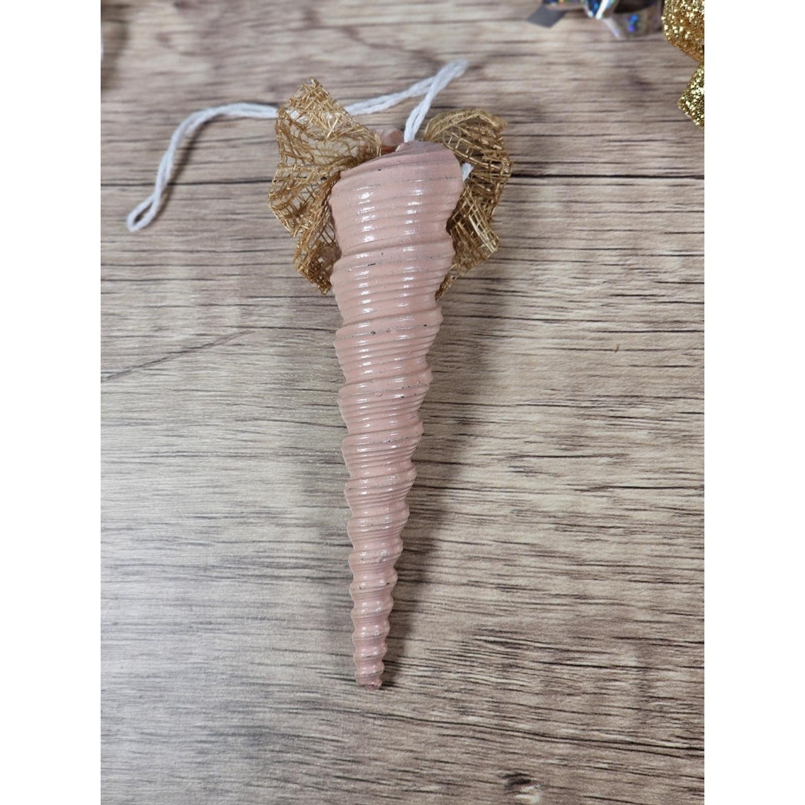 Vintage Pink Shell Christmas Ornament Gold Bow Rose 4 Inch