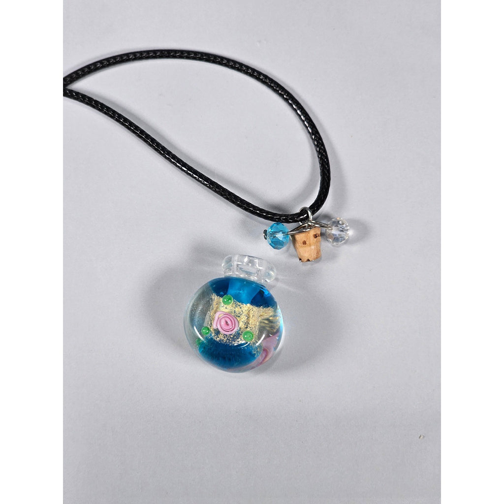 Glass Bottle Pendant Necklace Blue Floral Cork Vial Charm Necklace