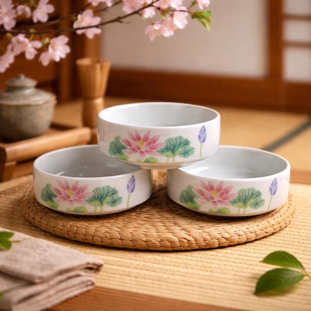Vintage Otagiri Lotus Garden Bowls Set of 3 Japan Floral Mini Bowls 3"