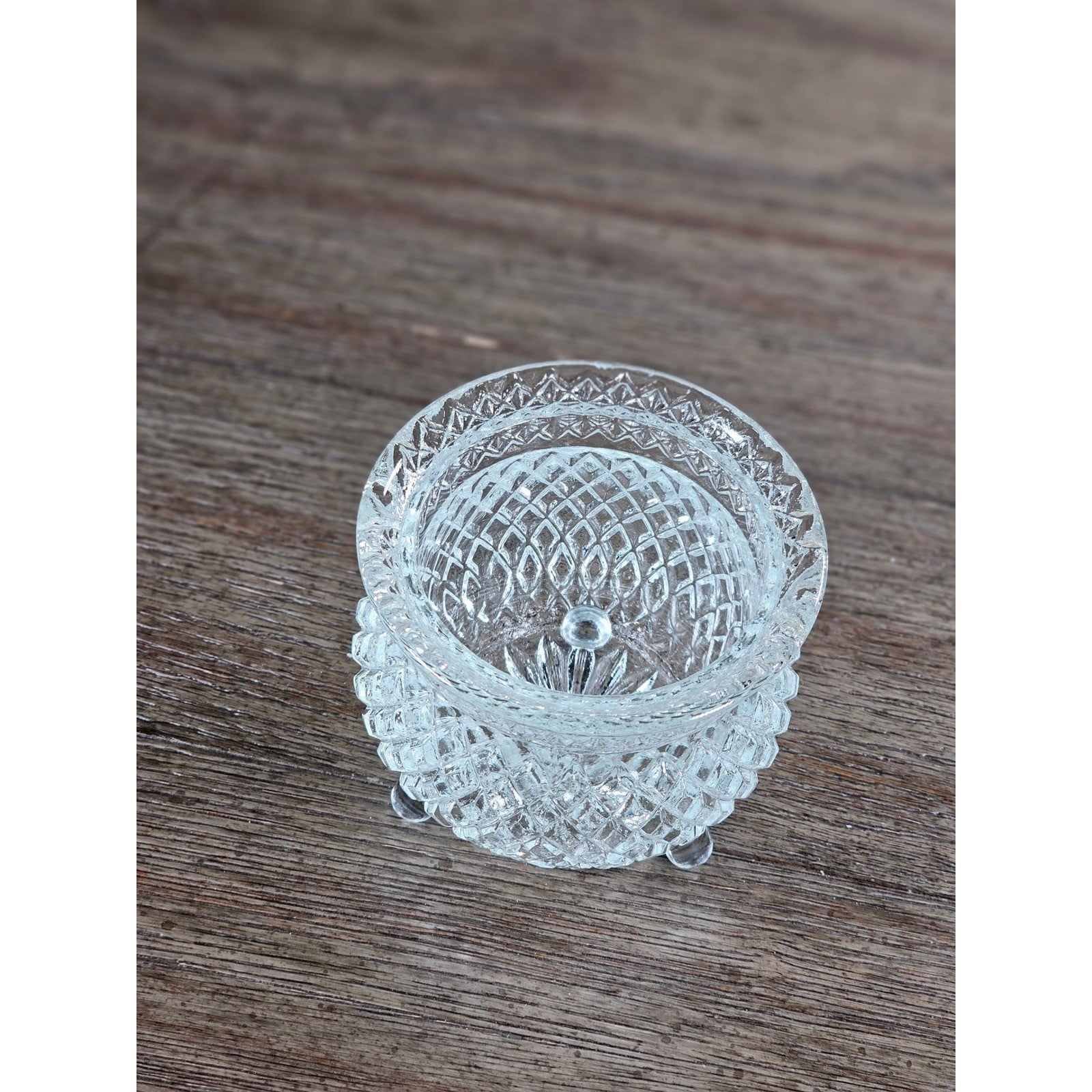 Vintage Cut Glass Footed Bowl 3x3 Diamond Pattern Trinket Dish