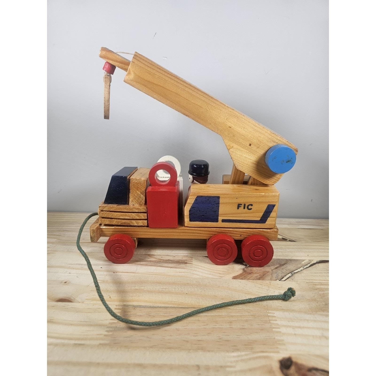 Vintage Wooden Crane Truck Pull Toy Mid Century Construction Toy