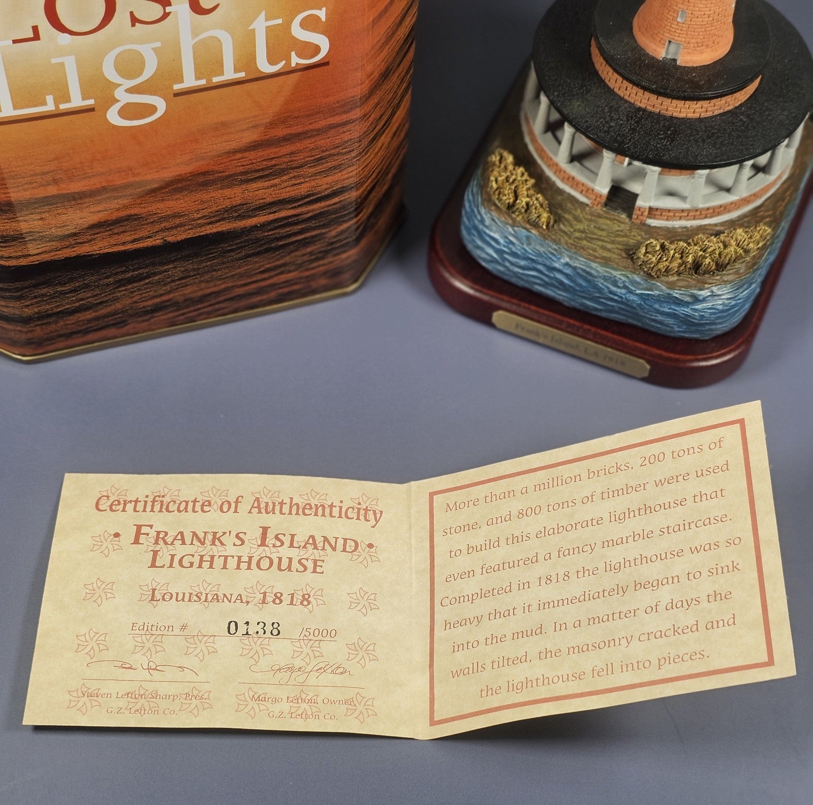 Lefton Lost Lights Franks Island Lighthouse Figurine With Certificate Of Authent