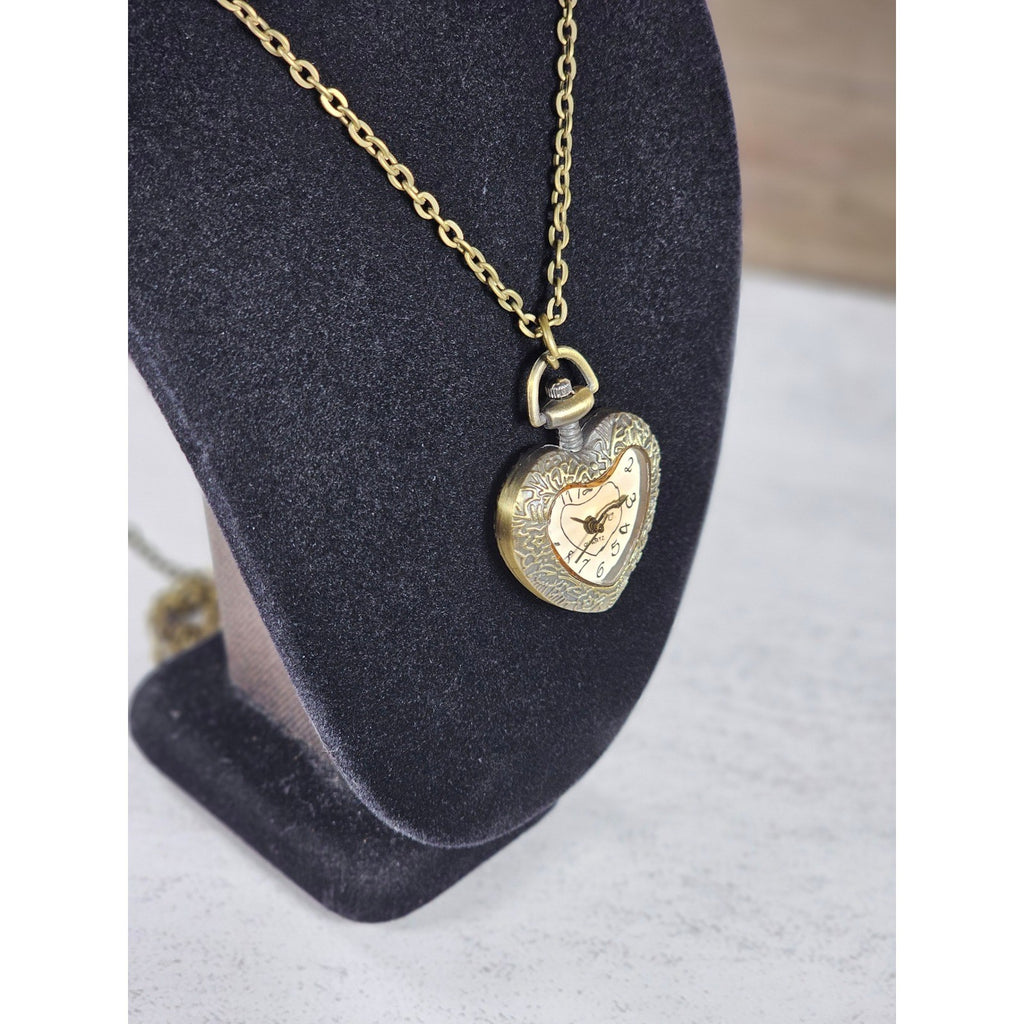 Vintage Heart Pocket Watch Necklace, Quartz Pendant, Gold Tone Chain