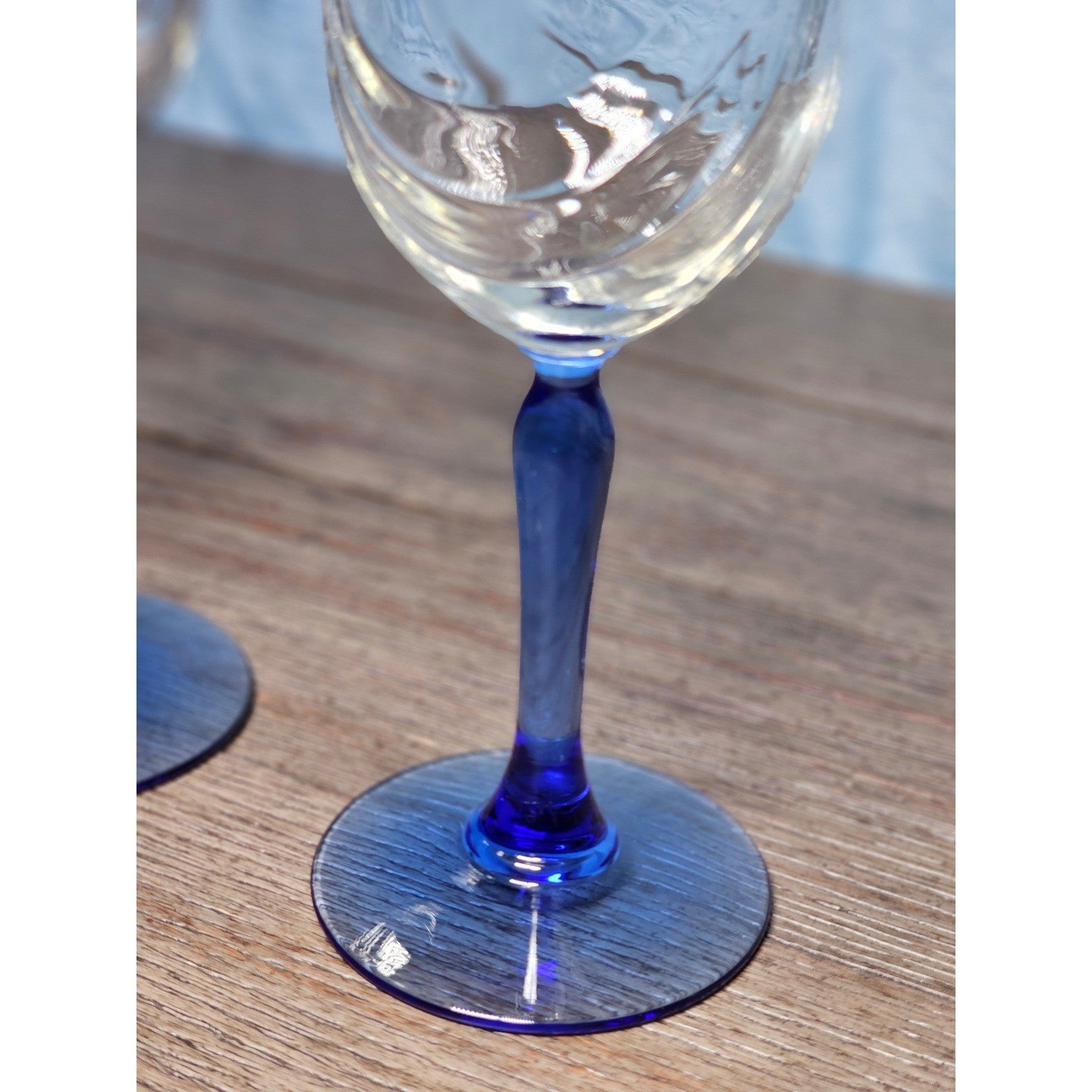 Vintage Blue Stem Wine Glasses Set of 2 Gold Rim Clear Bowl 8 Inch