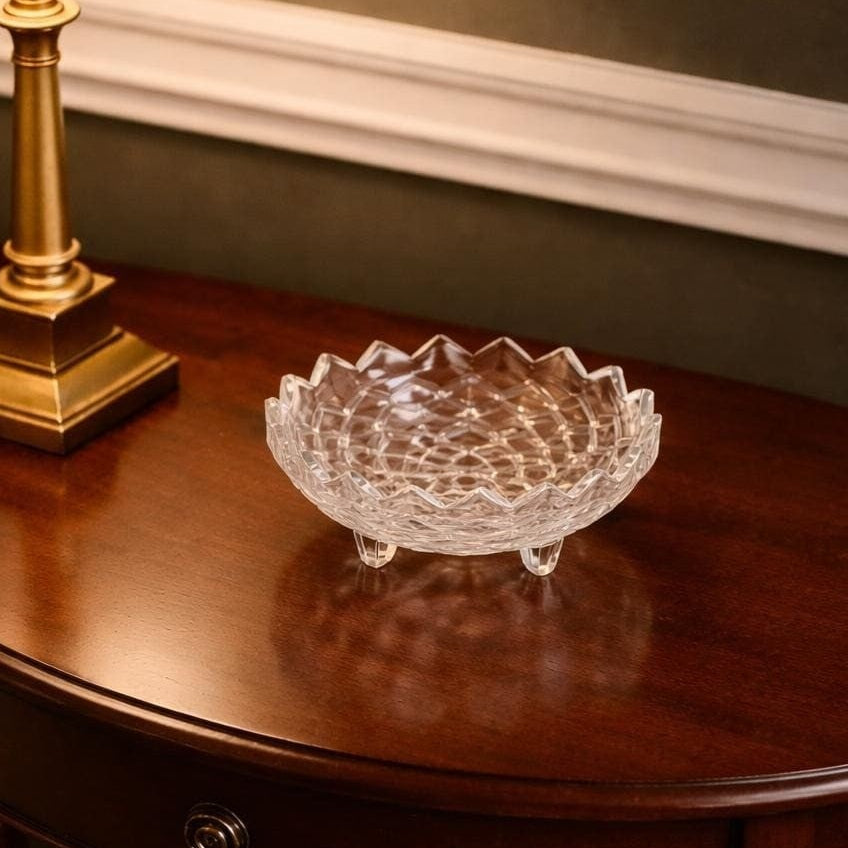 Vintage Fostoria American Cubist Glass Bowl 3 Footed Sawtooth Rim