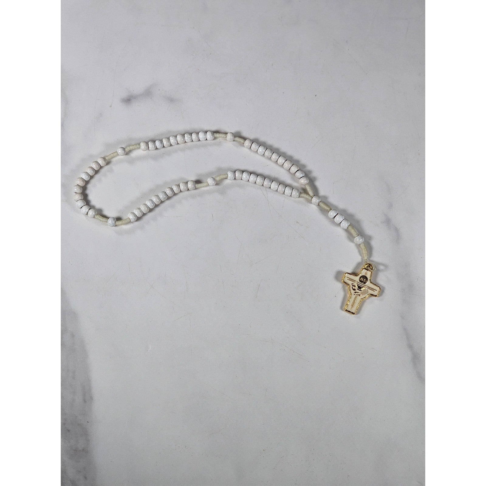 Vintage White Beaded Rosary Necklace Gold Tone Cross Pendant