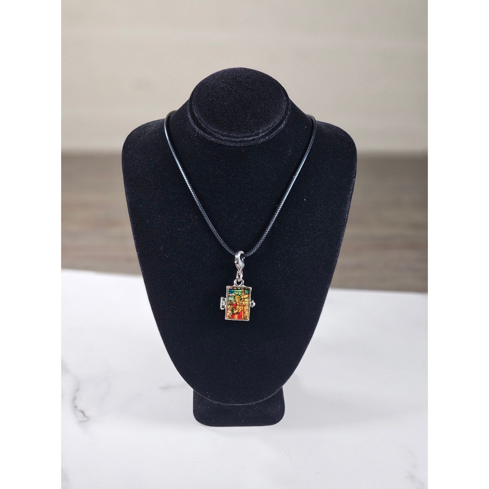 Vintage Stained Glass Locket Necklace Religious Pendant Charm