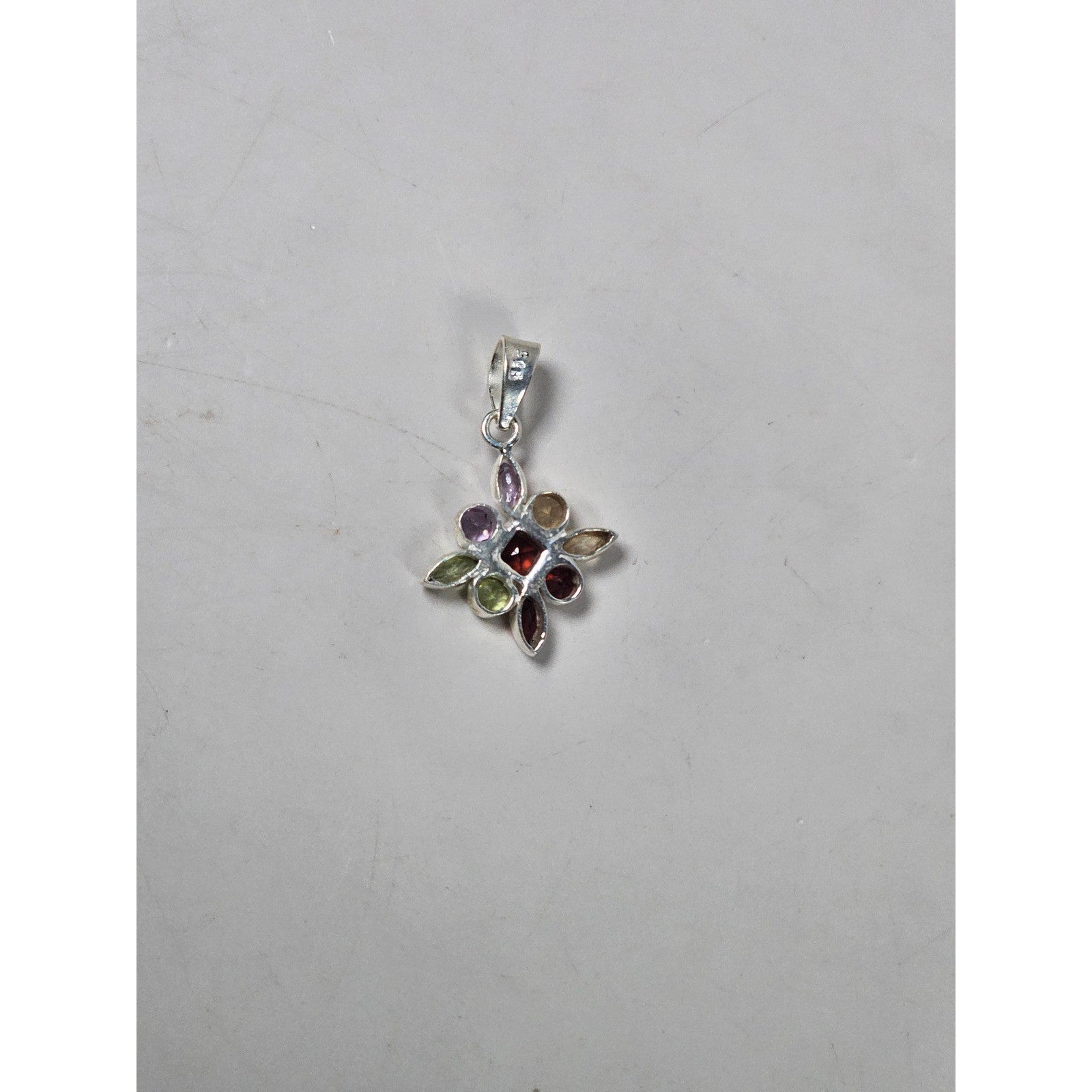 Vintage Sterling Silver Multi-Stone Gemstone Pendant, 925 Floral Design No Chain