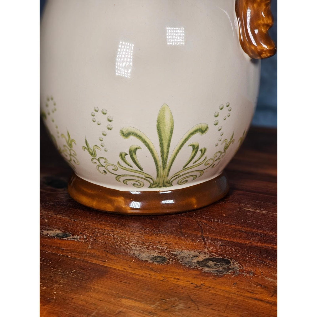 Vintage Ceramic Pitcher Cream Floral Green Brown Handle Holiday Petaluma