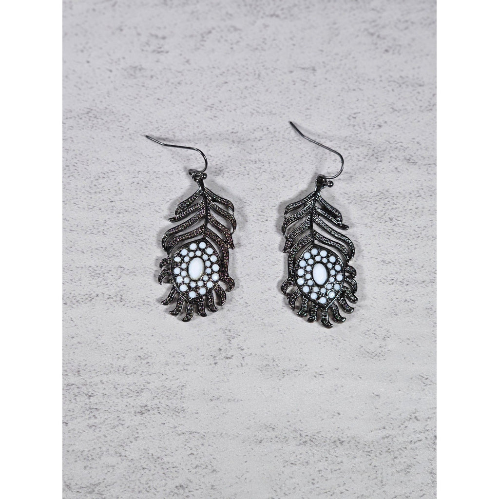 Vintage Feather Dangle Earrings White Cabochon Boho Drop