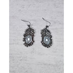 Vintage Feather Dangle Earrings White Cabochon Boho Drop