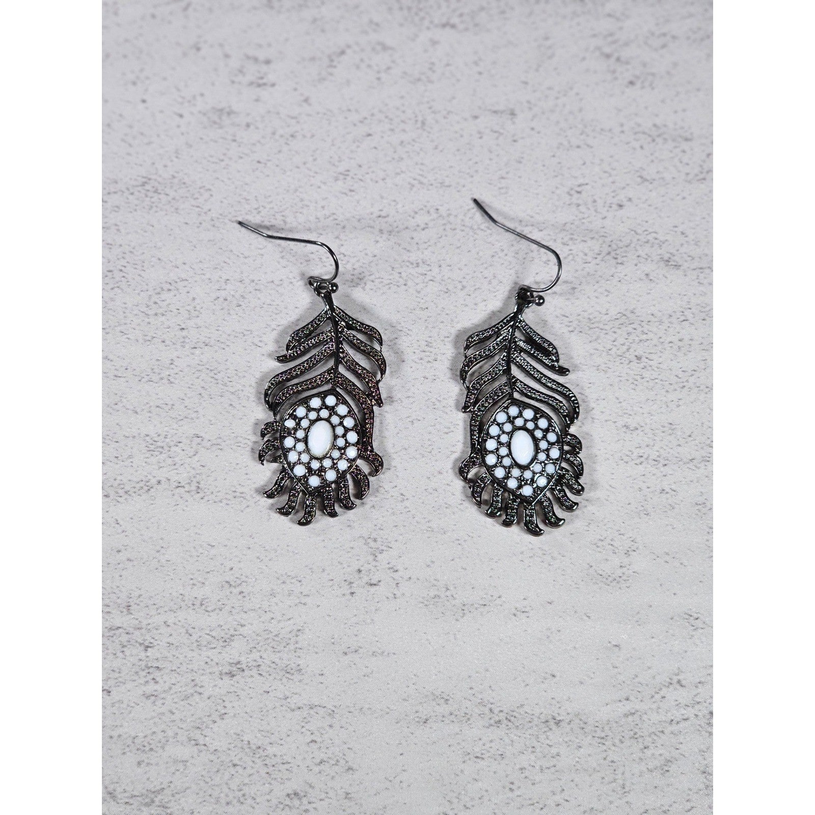 Vintage Feather Dangle Earrings White Cabochon Boho Drop