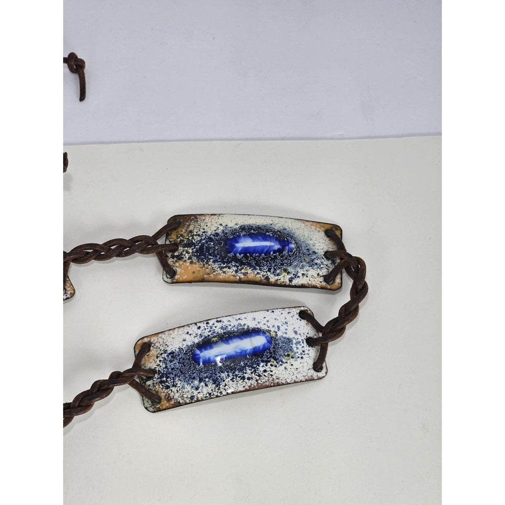 Vintage Leather Tie Belt Enamel Feather Boho Braided