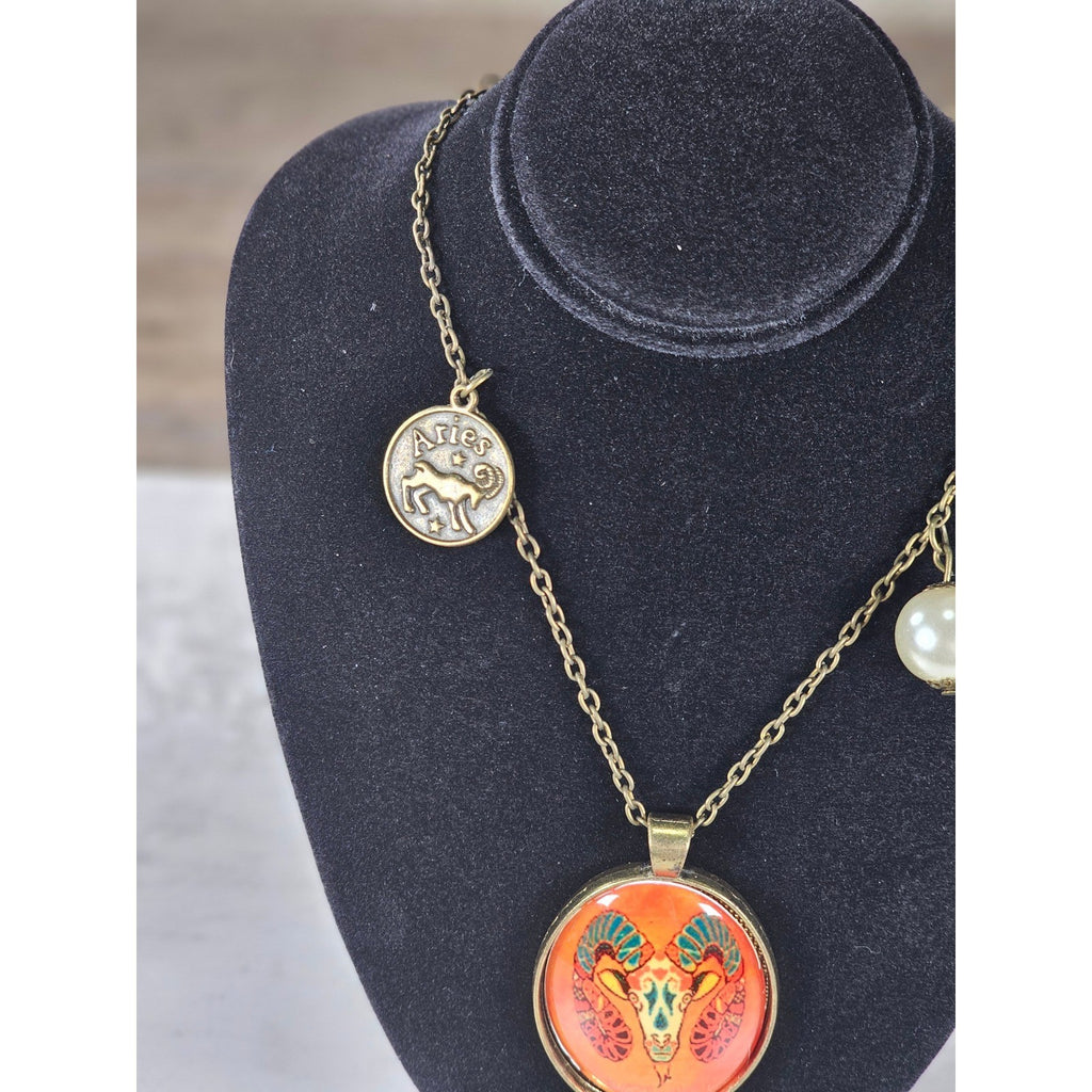 Vintage Aries Ram Pendant Necklace Zodiac Medallion Oval Charm