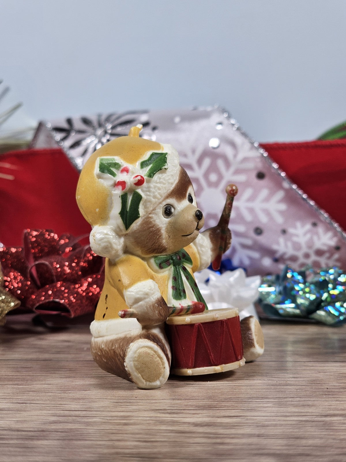 Vintage Hong Kong Christmas Ornament Teddy Bear Drummer Sitting Hat – Kitschy