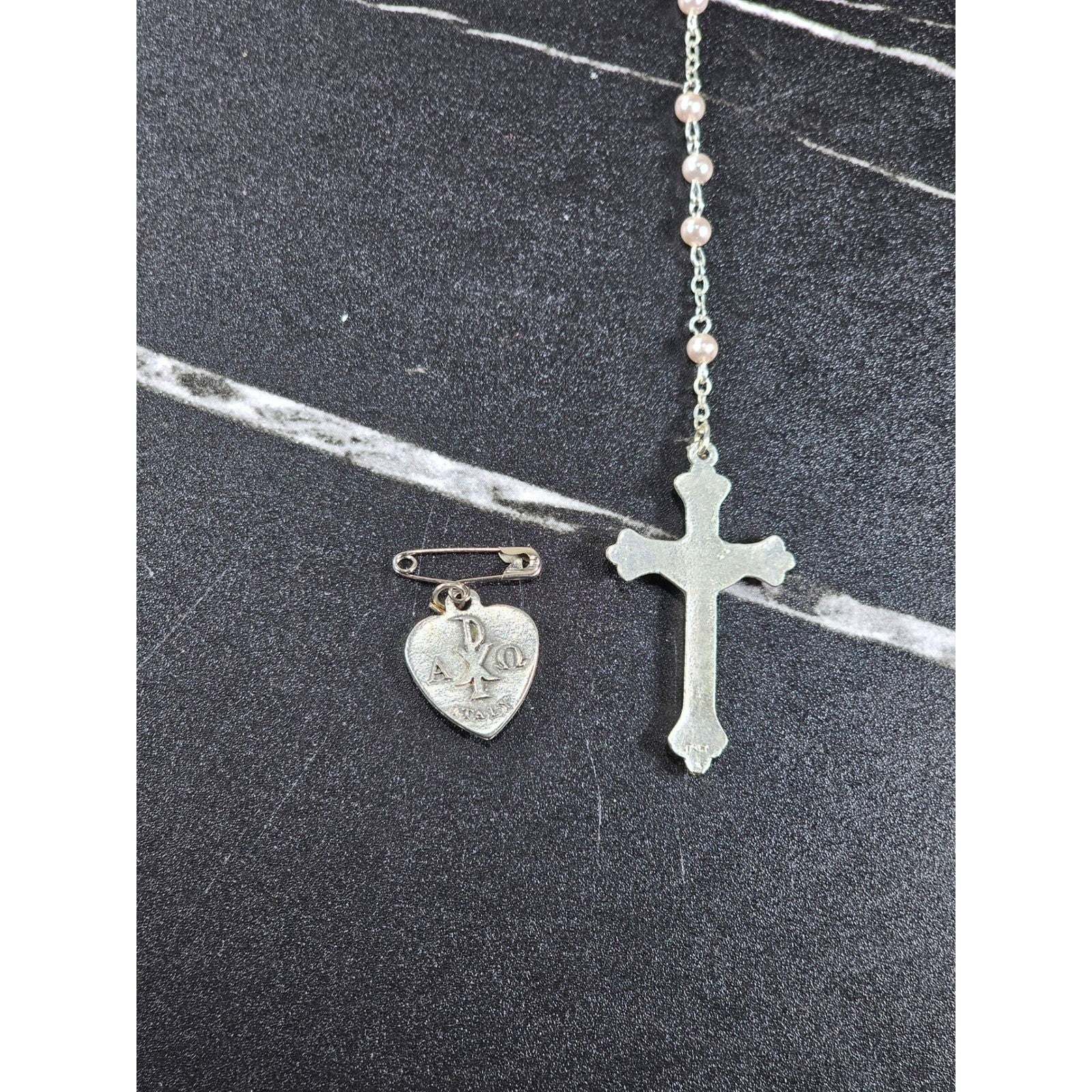 Vintage Rosary Necklace & Heart Pin Set with Case Religious