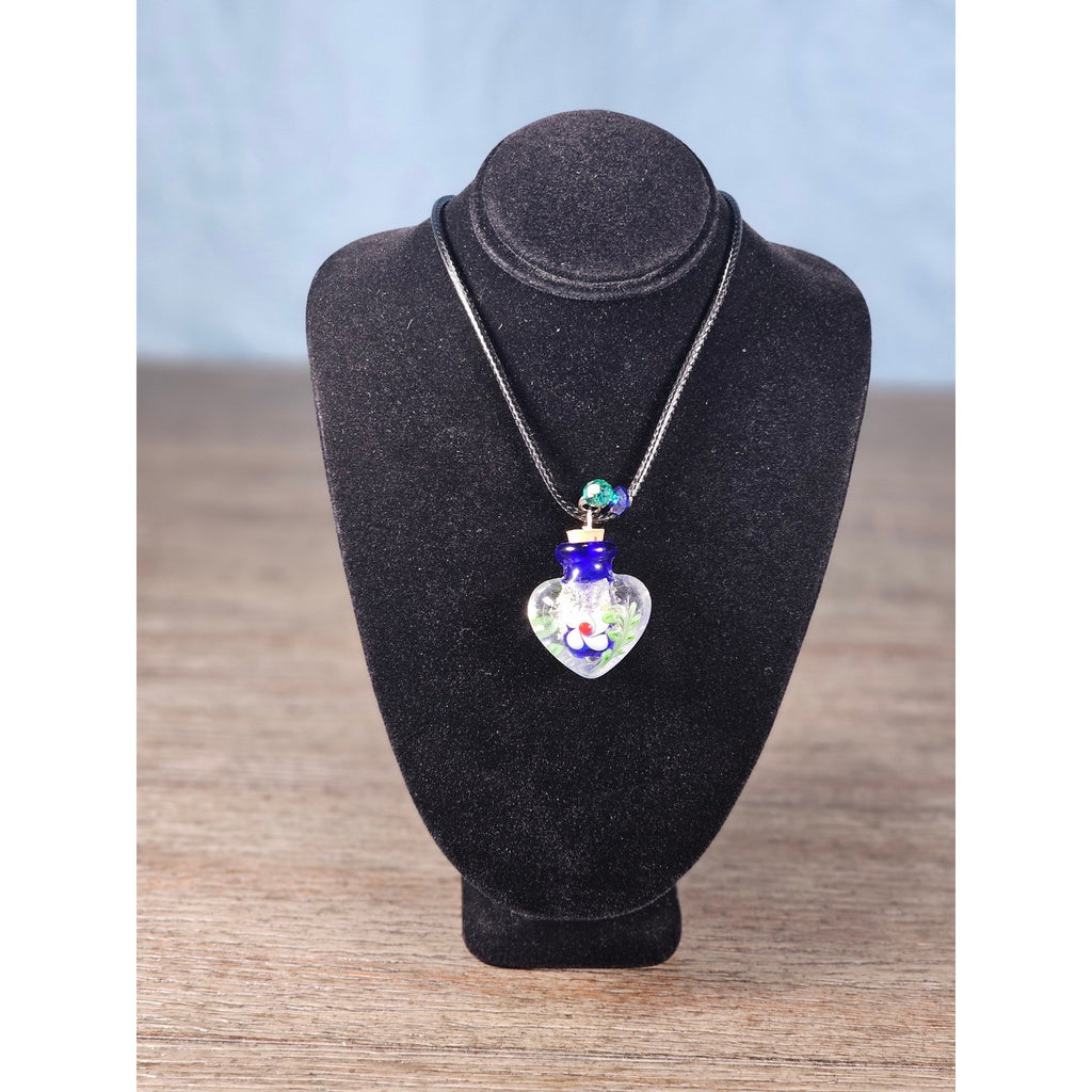 Glass Heart Bottle Pendant Necklace with Floral Design on Black Cord