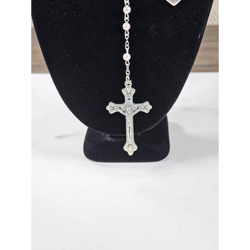 Vintage Rosary Necklace & Heart Pin Set with Case Religious
