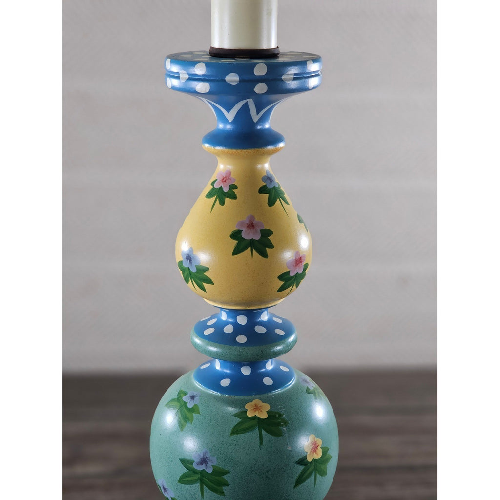 Vintage Hand Painted Wood Table Lamp Floral Blue Yellow Polka Dot