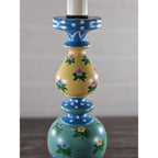 Vintage Hand Painted Wood Table Lamp Floral Blue Yellow Polka Dot