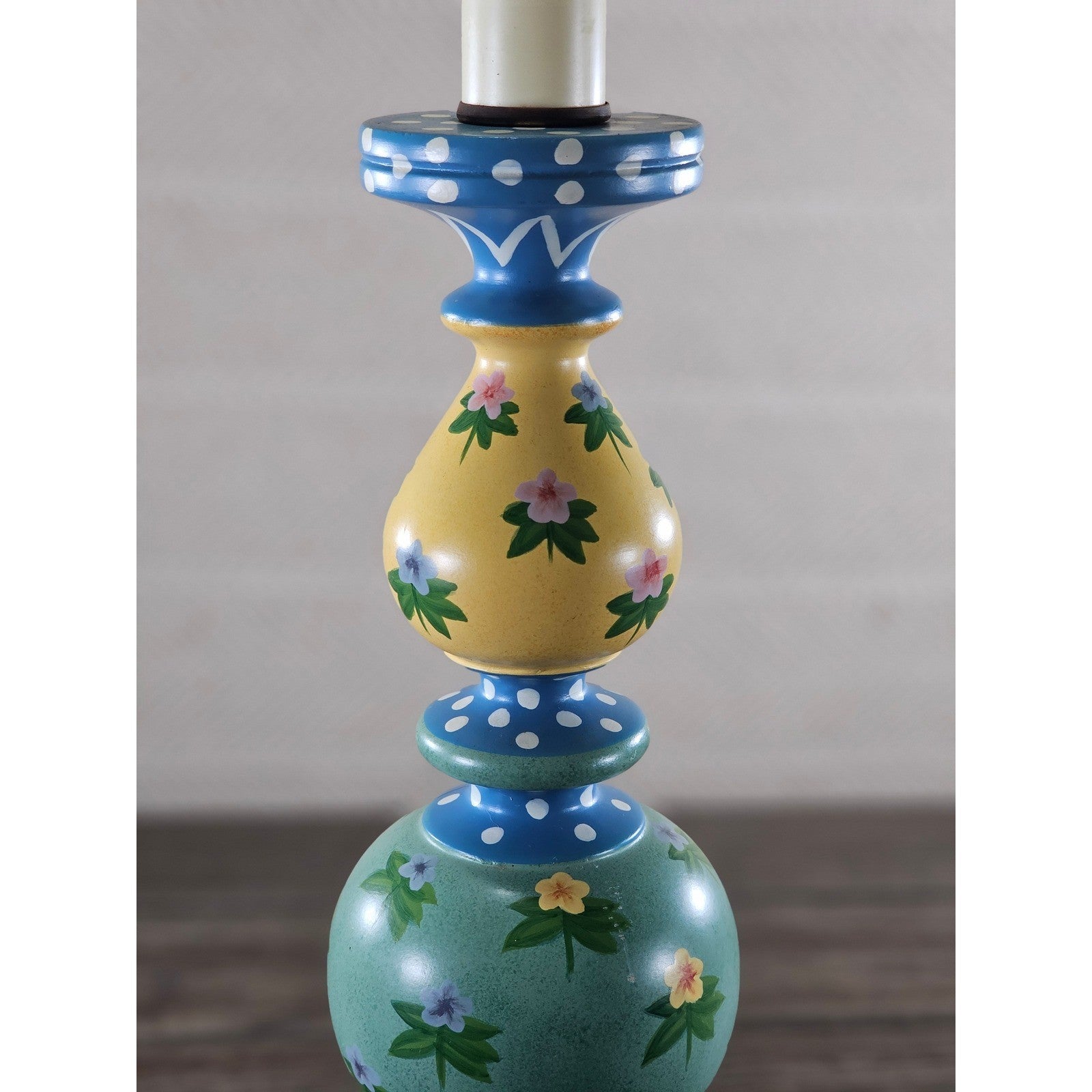 Vintage Hand Painted Wood Table Lamp Floral Blue Yellow Polka Dot