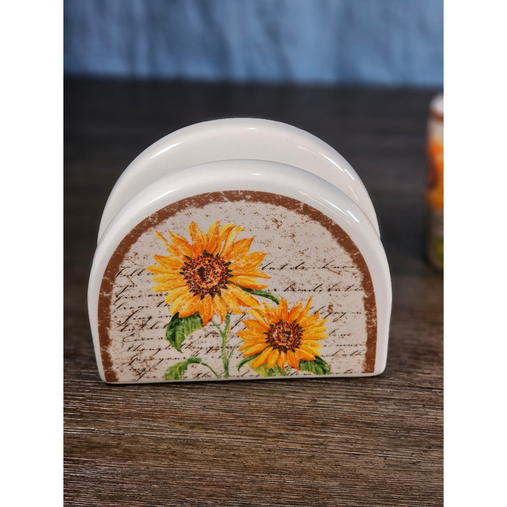 Vintage Sunflower Salt & Pepper Shakers with Matching Napkin Holder Set