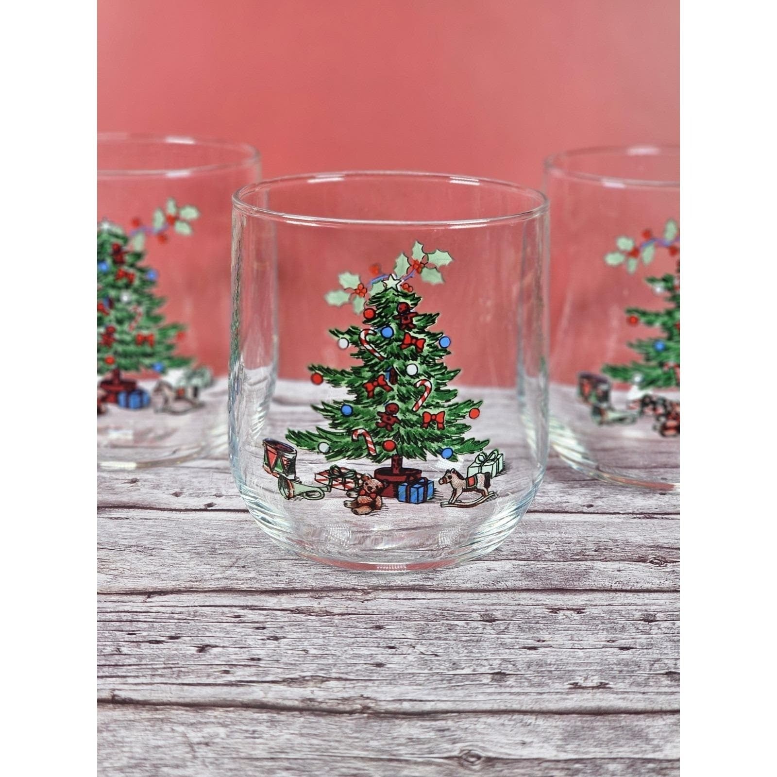 Vintage Luminarc Christmas Tree Lowball Glasses Set of 4 Holiday Whiskey Tumbler