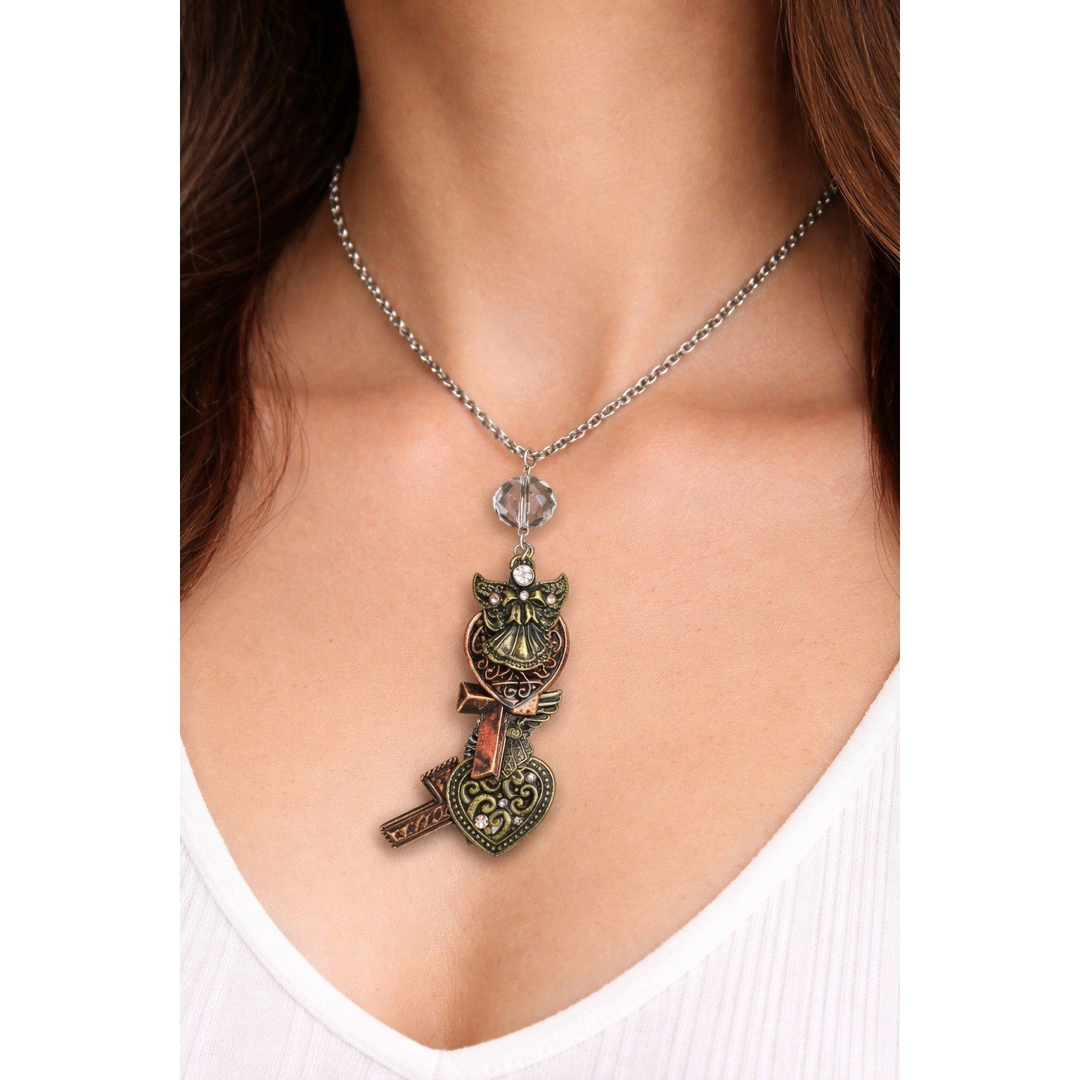 Mixed Burnished Metal Charm Necklace 26 Inch Angels Hearts Cross