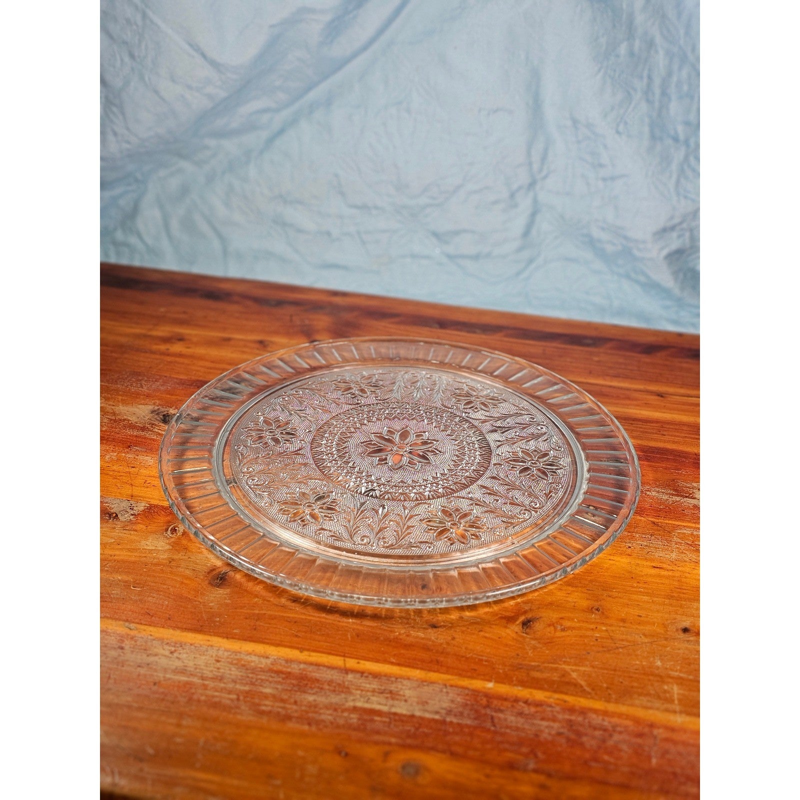 Vintage Pressed Glass Floral Cake Plate | 13" Clear Glass Serving Platter
