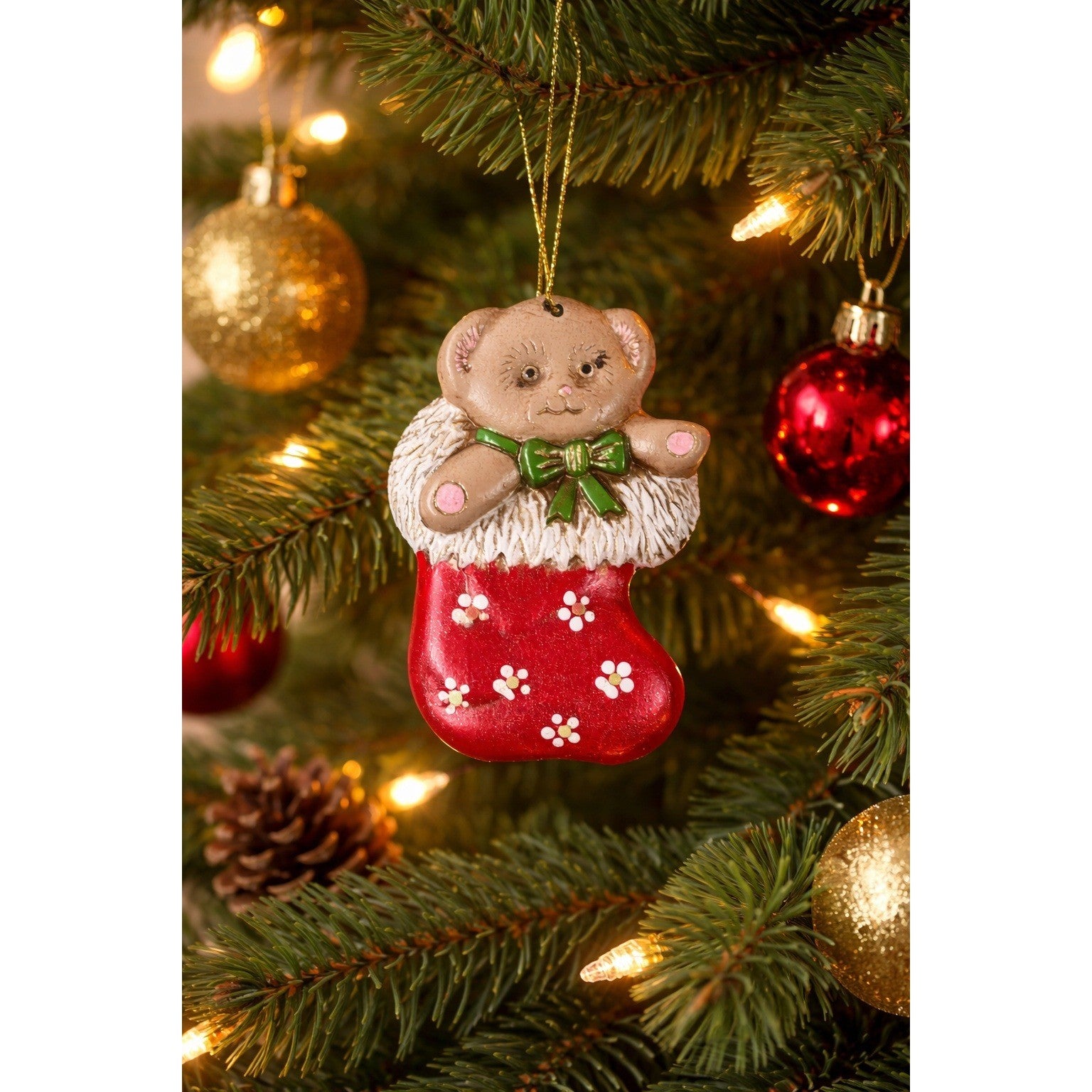 Vintage Teddy Bear Stocking Christmas Ornament 3" Ceramic Holiday Decor