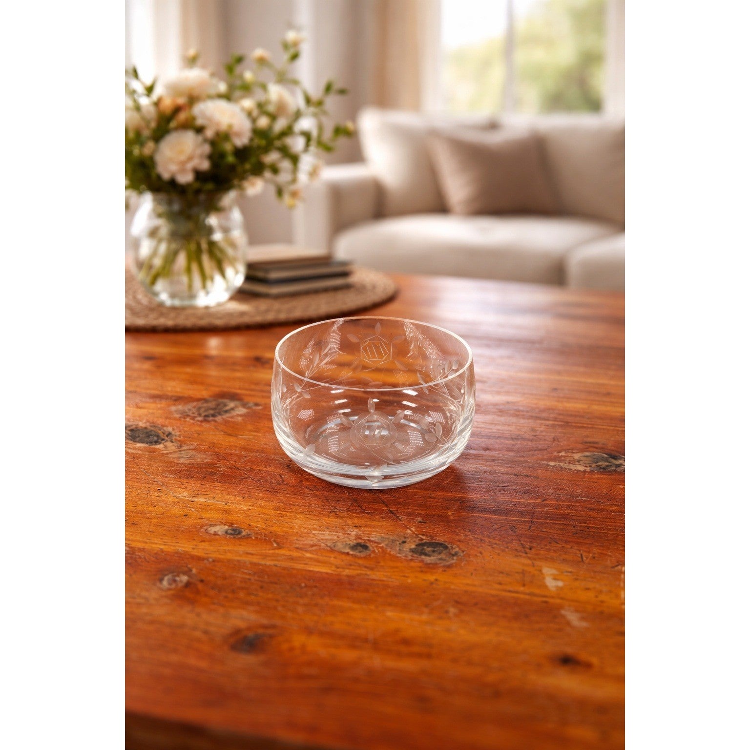 Vintage Etched Glass Bowl Floral Vine Design 3.5" Clear Decorative Dish