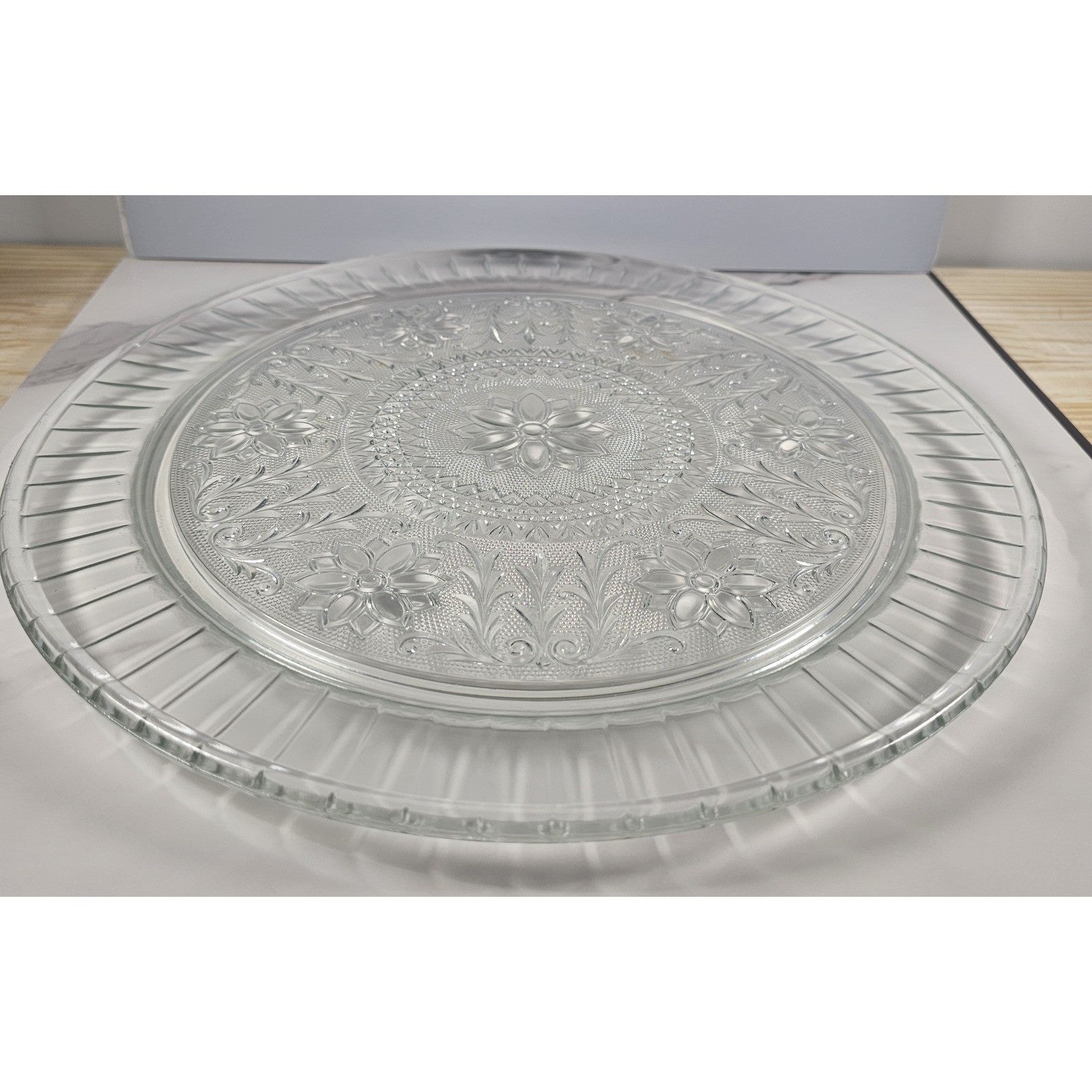 Vintage Pressed Glass Floral Cake Stand Round Serving Tray 13 Inch
