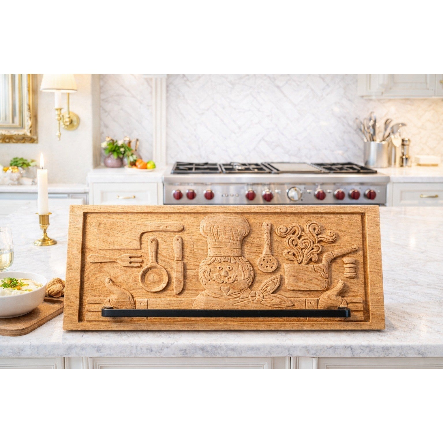 Vintage Hand-Carved Wooden Chef Plaque Wall Decor with Recipe Bar