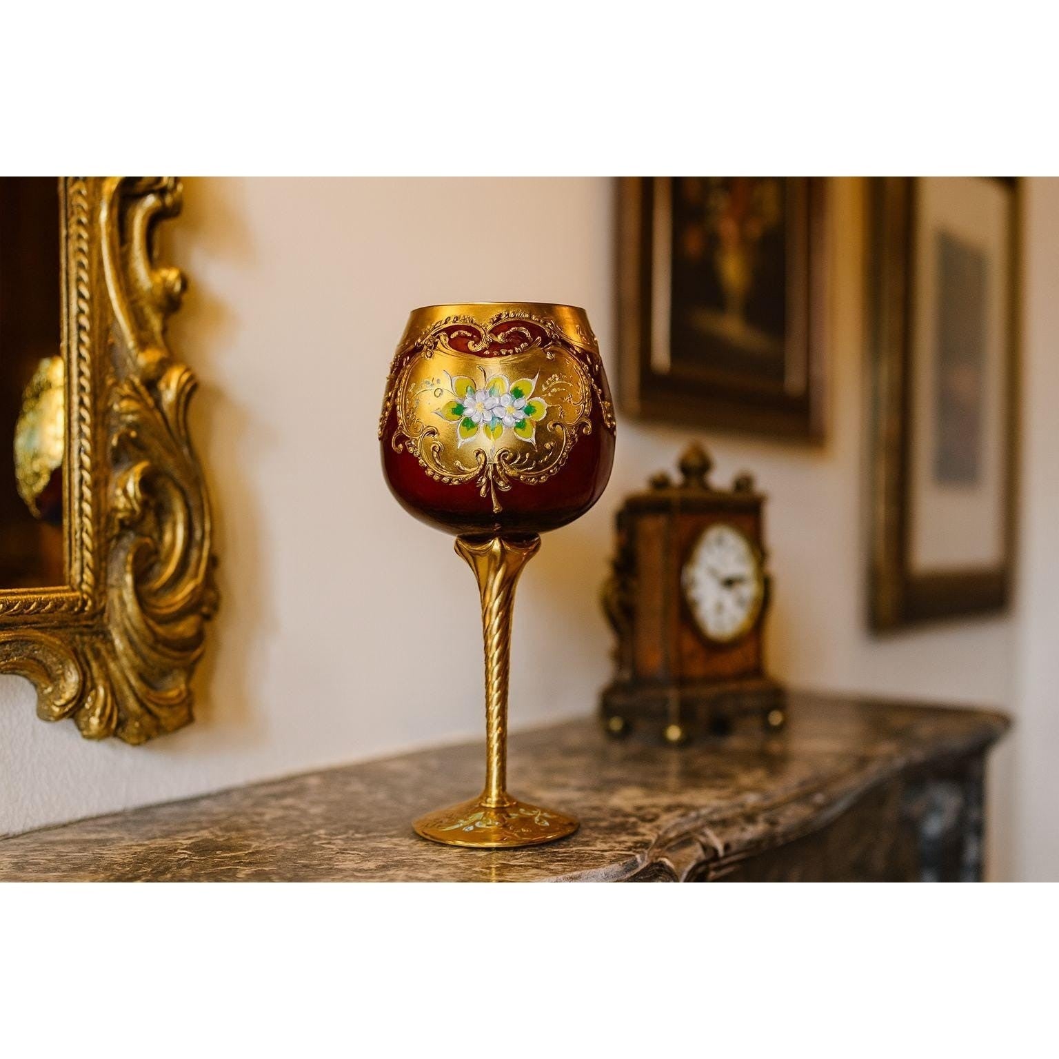 Vintage Gold Enameled Wine Glass Twisted Stem 8.75" Hand Painted