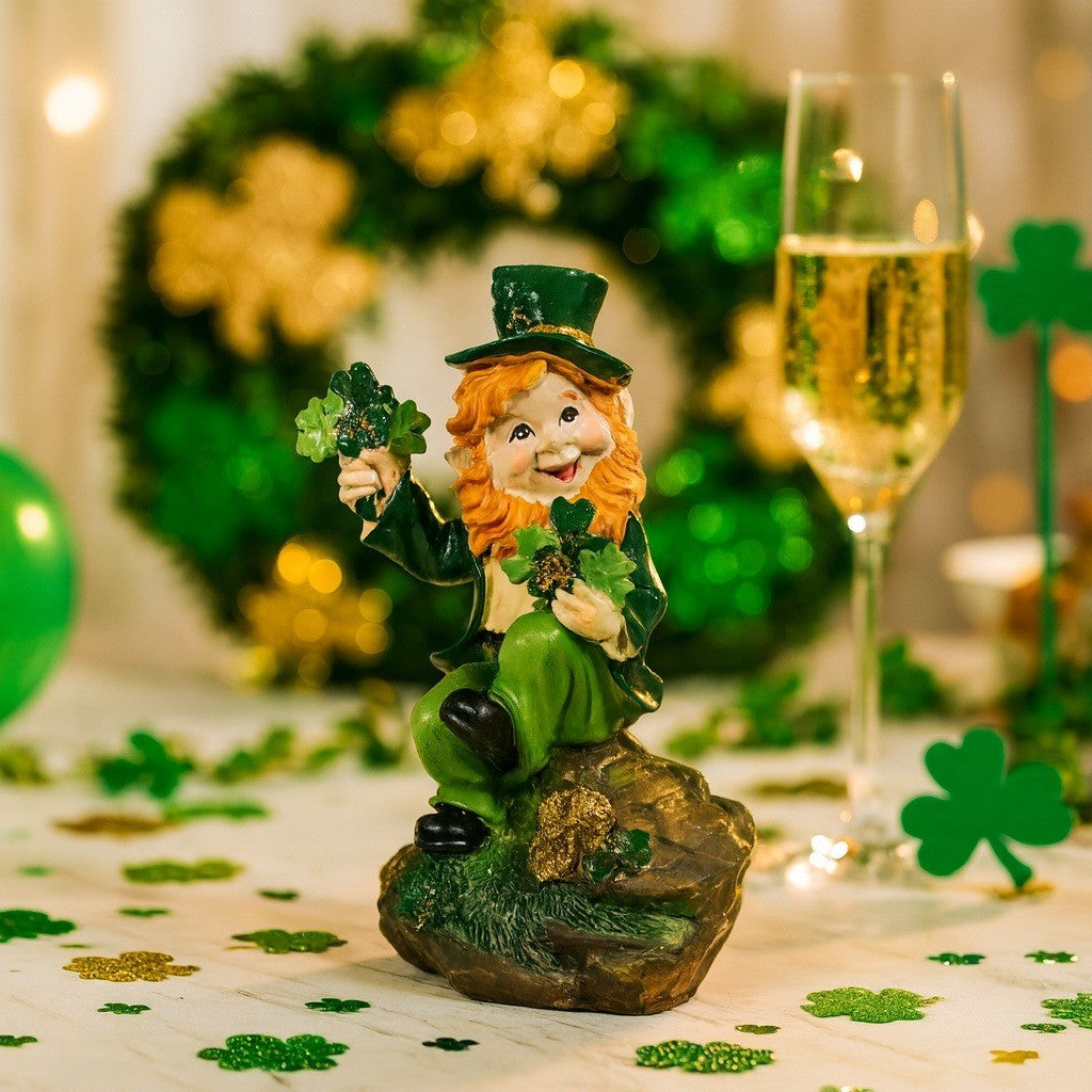 Vintage Saint Patrick's Day Leprechaun Pottery Figurine with Shamrocks