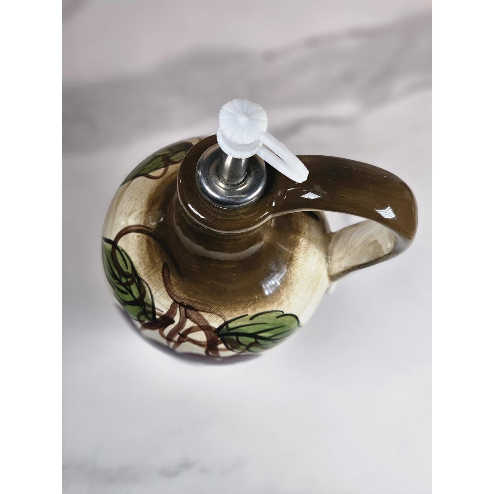 Vintage Rustic Orchard Plum Grape Oil Cruet Hand Painted Stoneware 9"