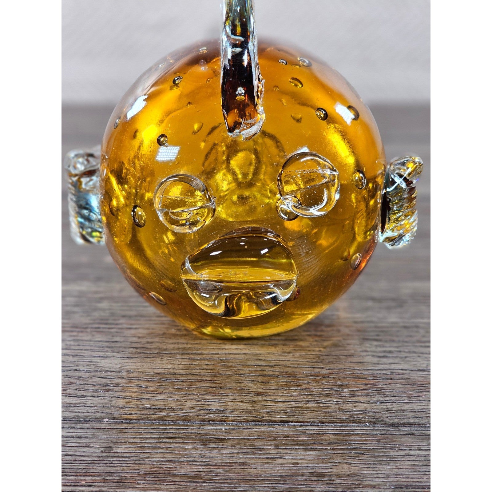 Vintage Amber Art Glass Fish Figurine 5" Hand Blown Bubble Glass