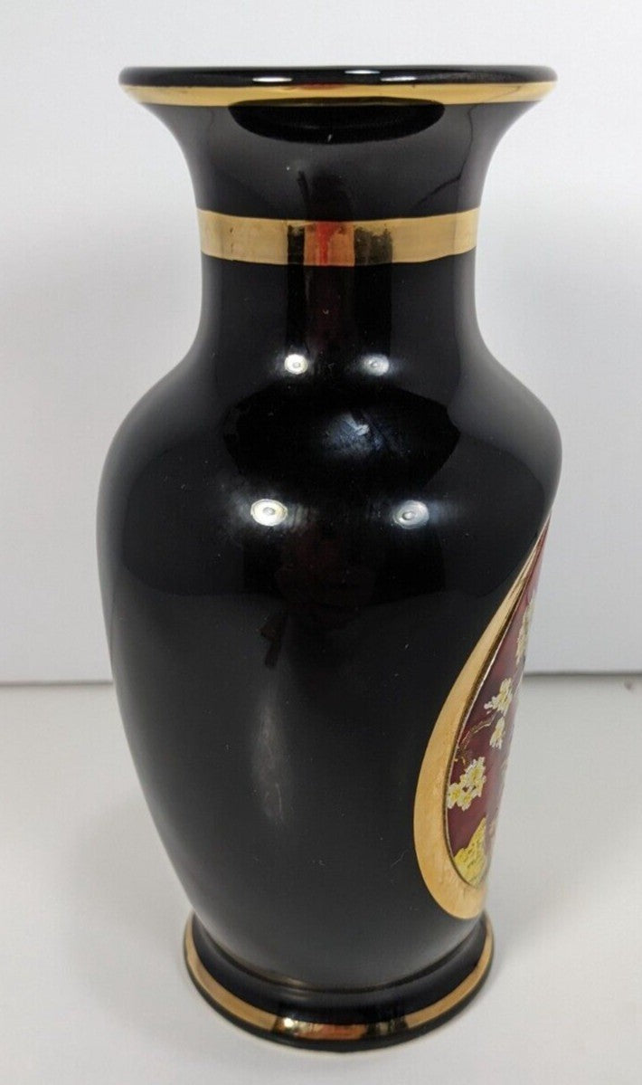 Vintage Chokin Vase With Pagoda Scene & Gold Accents