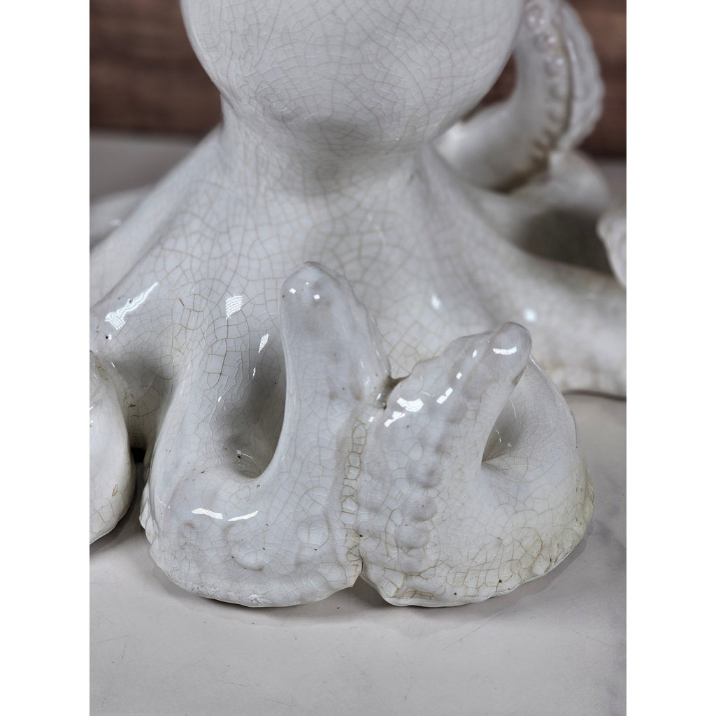 White Crackle Glaze Ceramic Octopus Figurine Nautical Coastal Home Decor Accent