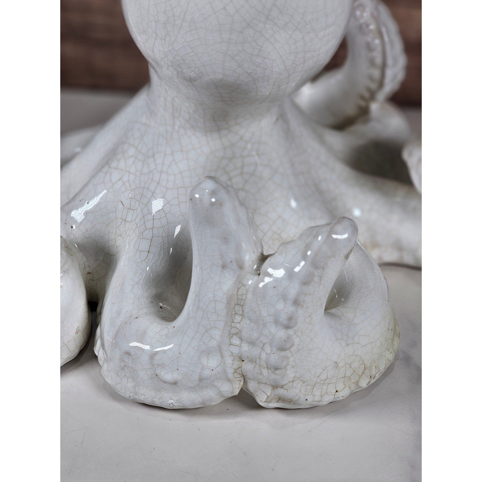 White Crackle Glaze Ceramic Octopus Figurine Nautical Coastal Home Decor Accent