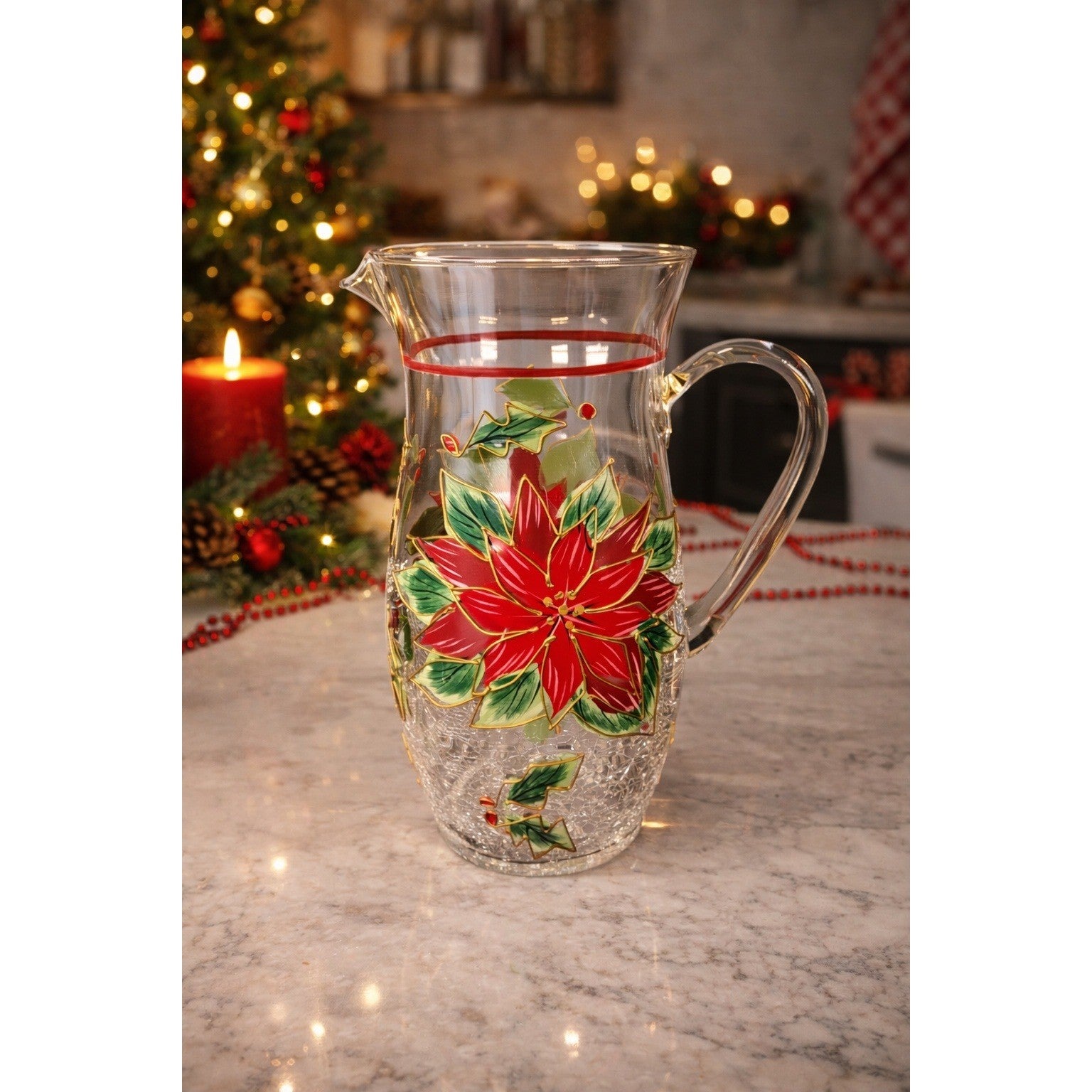 Vintage Poinsettia Glass Pitcher 72 oz Hand Painted Crackle Glass