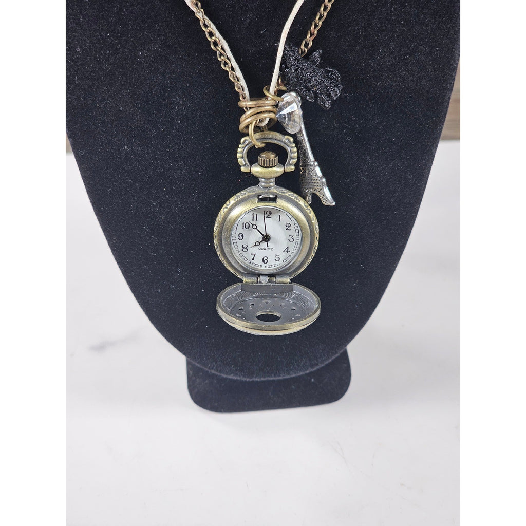 Vintage Pocket Watch Necklace Eiffel Tower Charm Long Chain